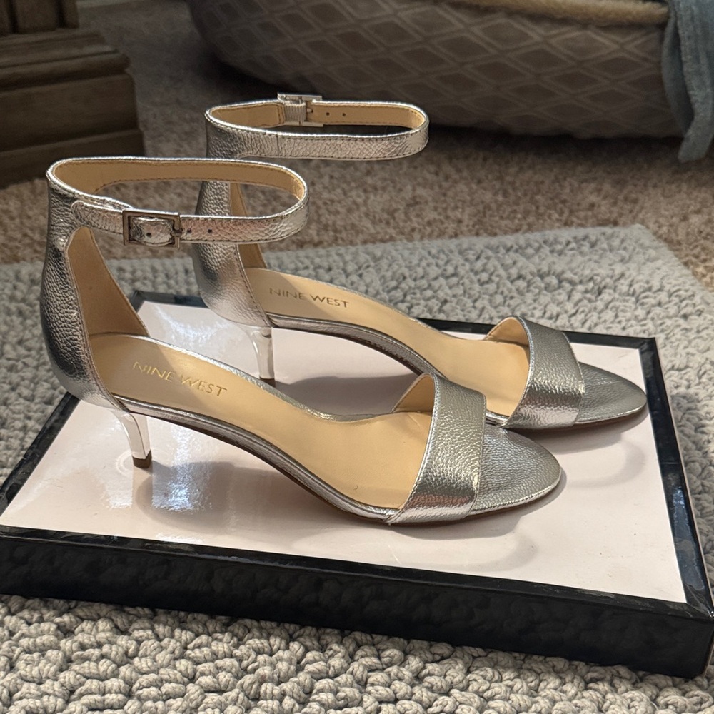 Nine West Metallic Silver Heels with Ankle Strap
